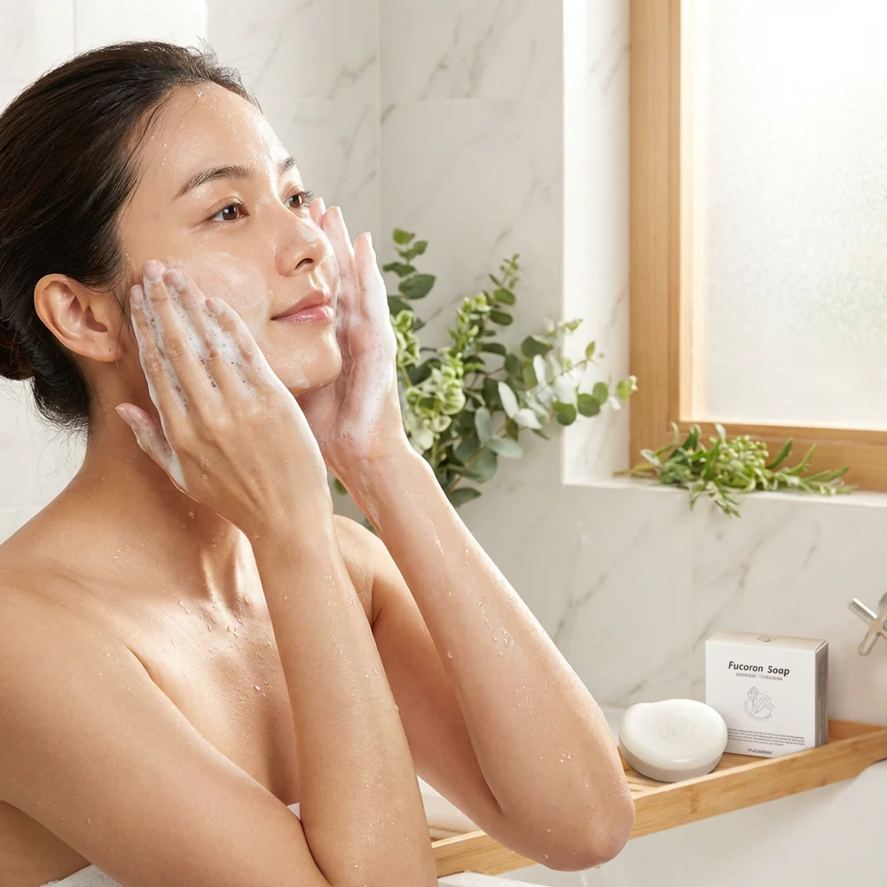 Fucoran Fucoidan Soap – woman washing face with foaming cleanser, bathroom setting, product on wooden bath tray