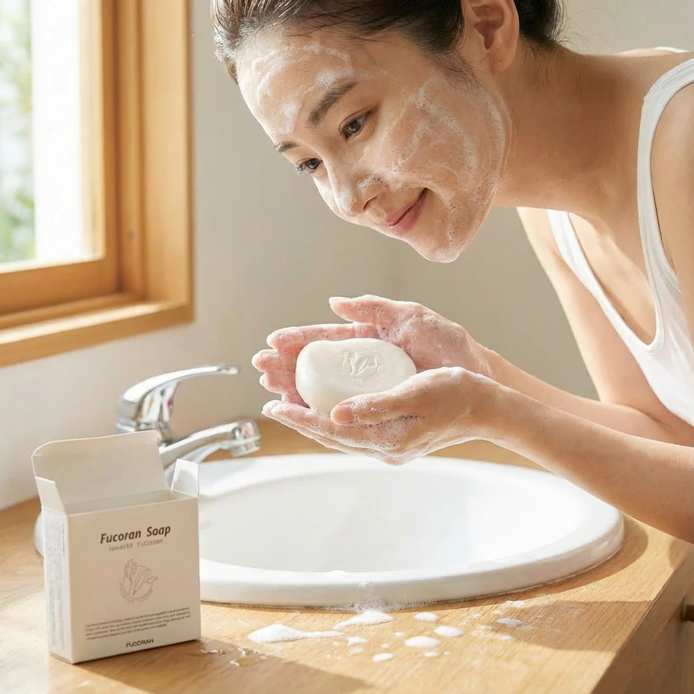 Fucoran Fucoidan Soap – woman using soap bar for facial cleansing, product packaging visible