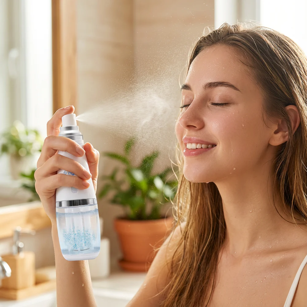 Hyzen Hydrogen Water Mist in use – refreshing facial mist