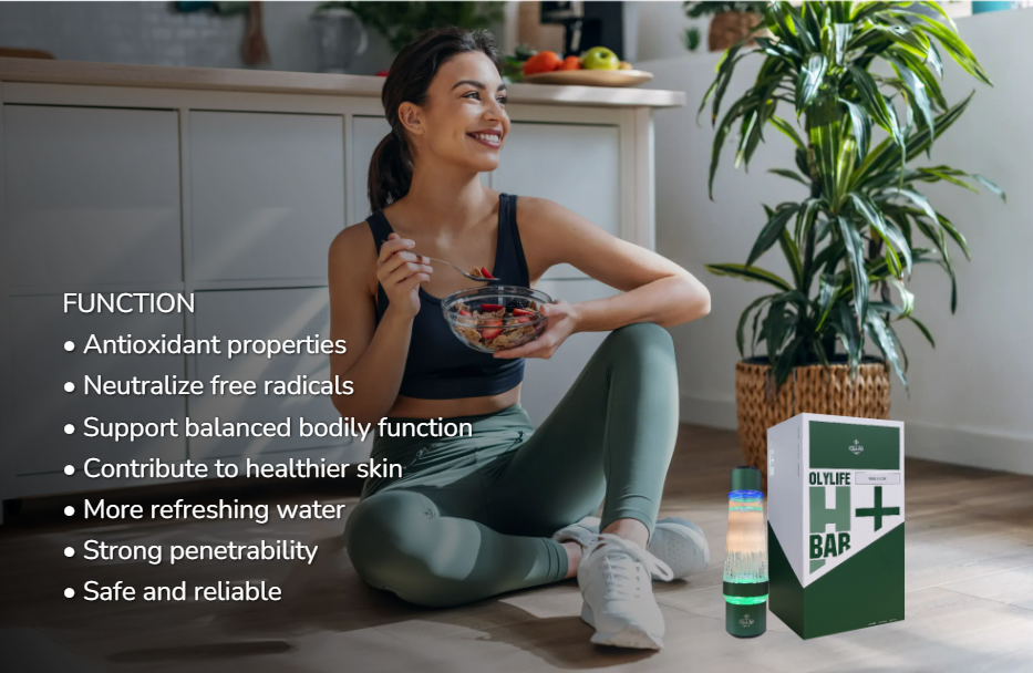 Olylife H+ Bar – lifestyle shot with product and packaging; benefits: antioxidant properties, neutralize free radicals, support balanced function, healthier skin, refreshing water, strong penetrability, safe and reliable