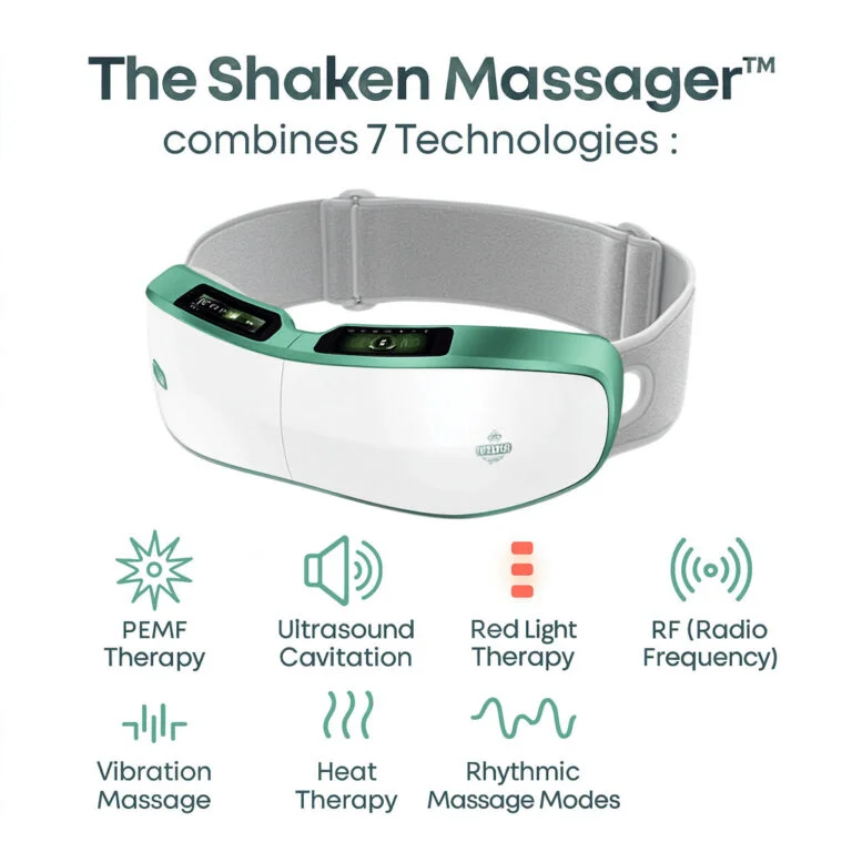 Shaken Massager – combines 7 technologies: PEMF, Ultrasound Cavitation, Red Light Therapy, RF, Vibration Massage, Heat Therapy, Rhythmic Massage Modes