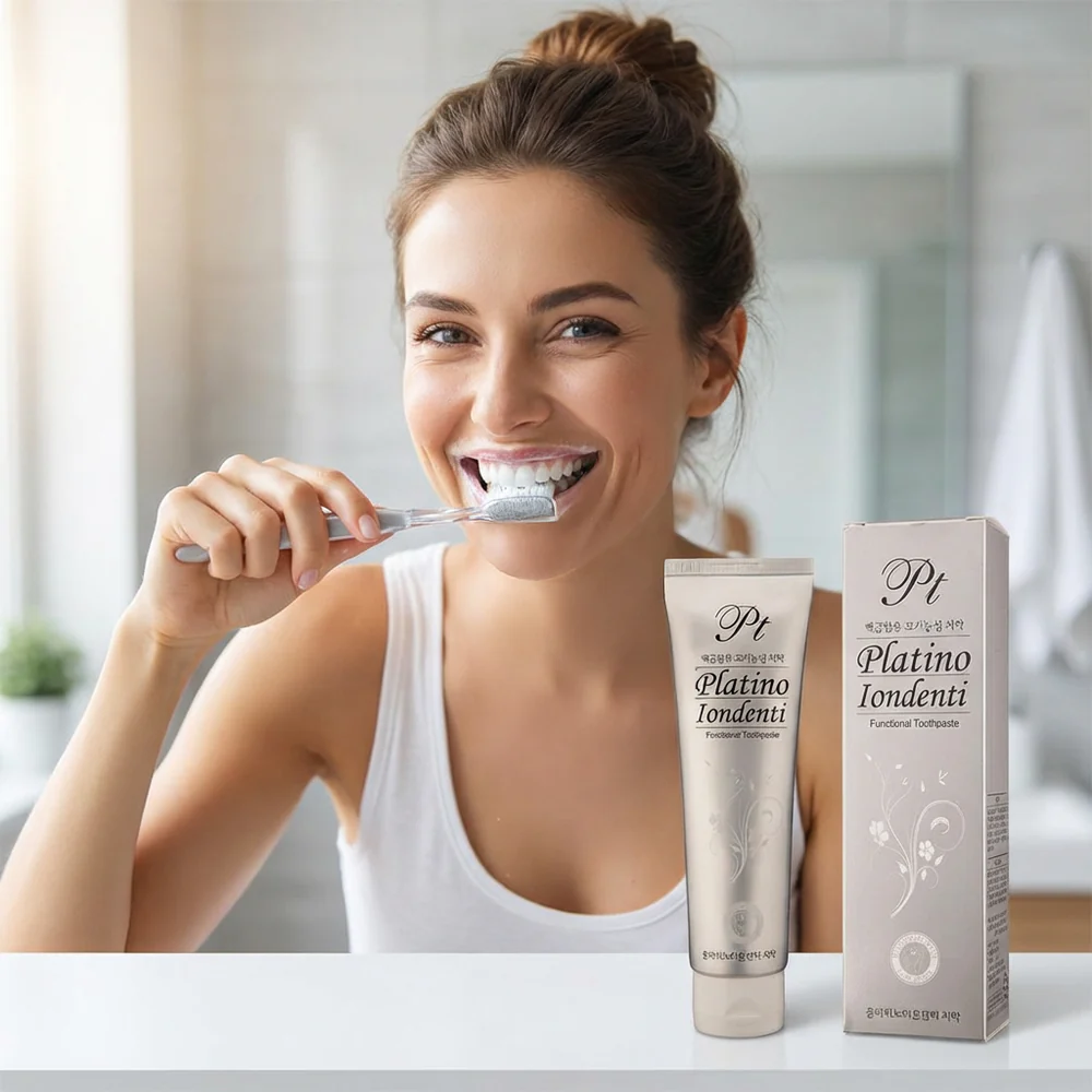 Platino Iondenti Functional Toothpaste – woman brushing teeth with product, healthy smile, premium oral care