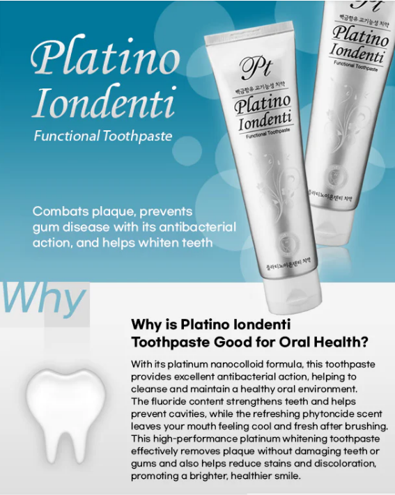 Platino Iondenti Functional Toothpaste – why it's good for oral health, benefits: combats plaque, prevents gum disease, whitens teeth, platinum nanocolloid formula