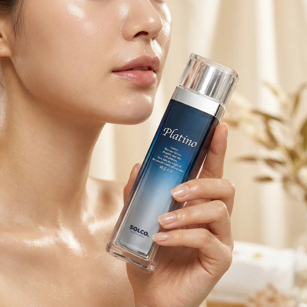 Platino Skin Care – woman holding product, radiant hydrated skin, luxury skincare