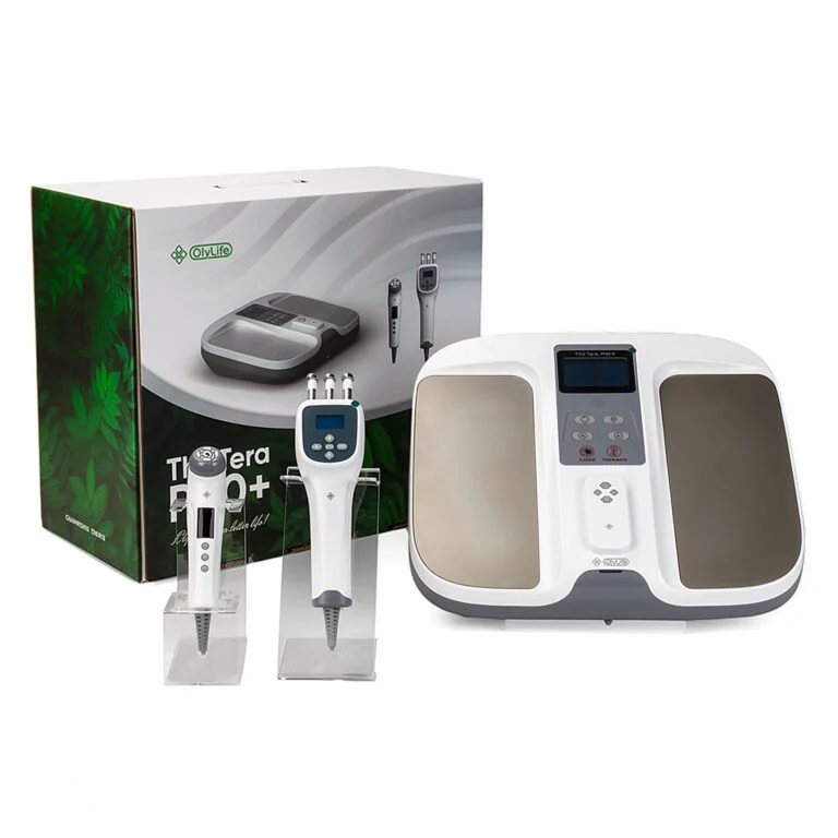 OlyLife THz Tera-P90+ complete system — main platform, Frost Age Beauty Device, Revitaluxe Massager, and packaging